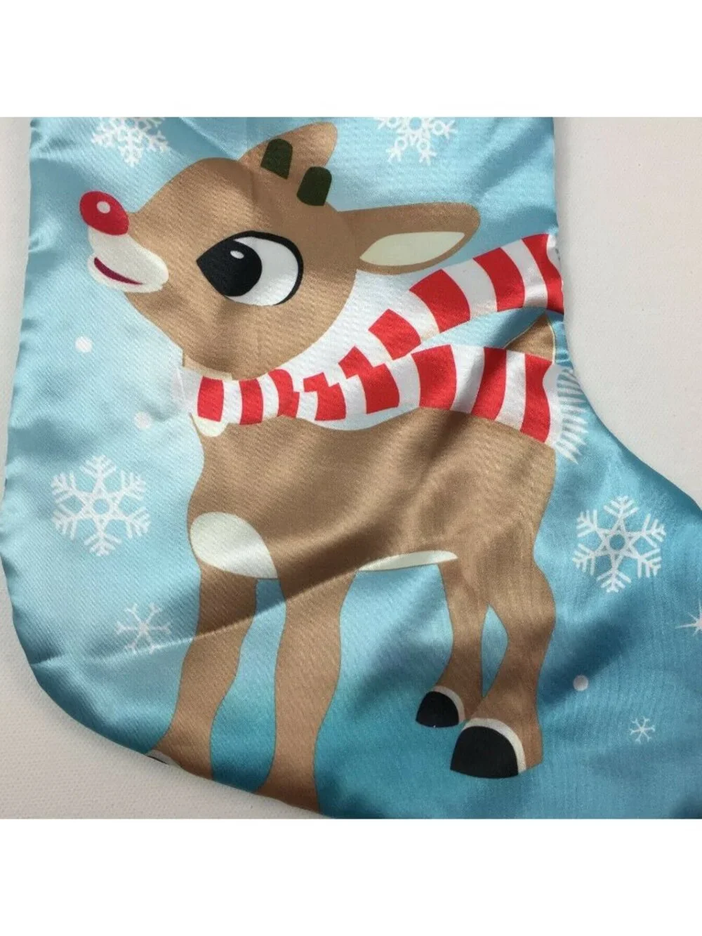 Rudolph The Red-Nosed Reindeer Christmas Stocking Blue Satin & White Plush 15